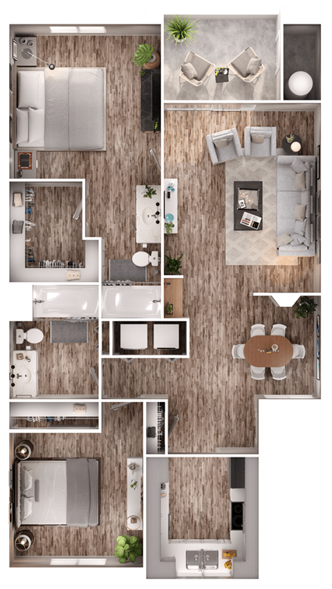 Floor plan for 2 beds, 2 baths, 1055 sqft